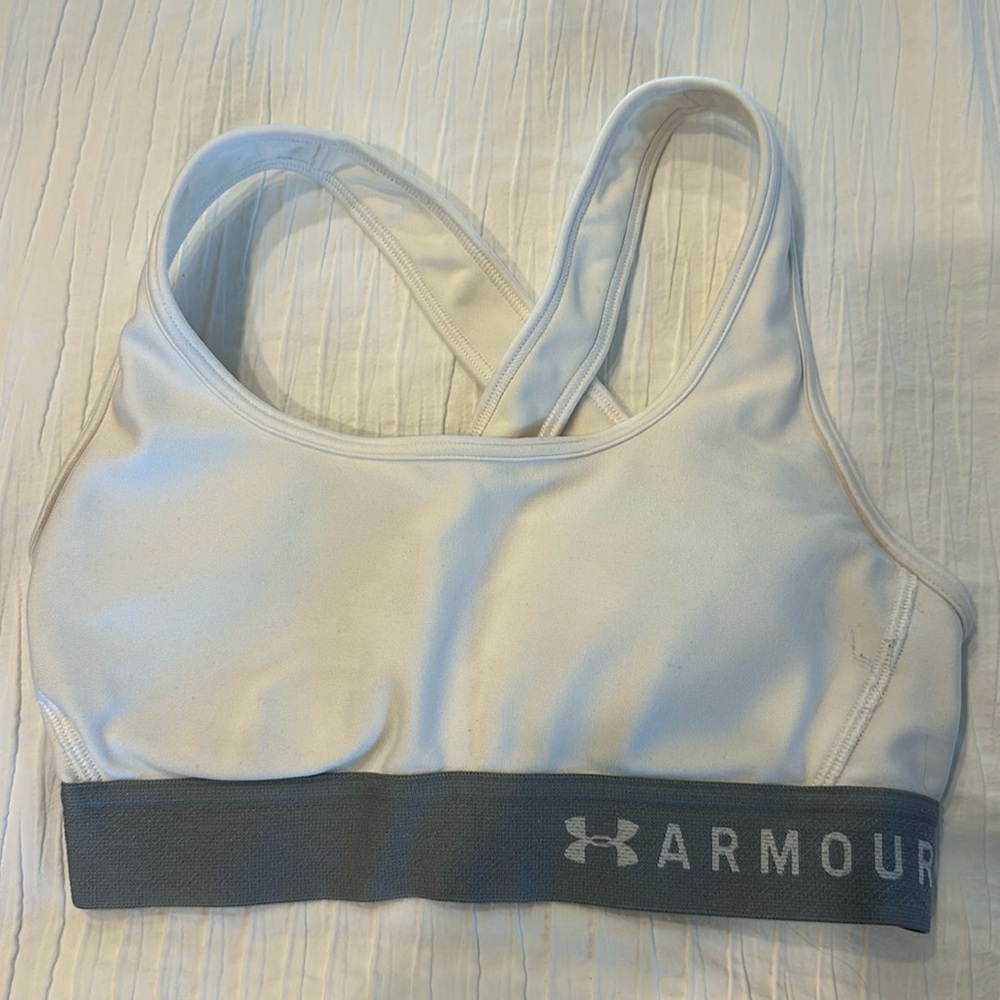 Under Armour sports bra  padded white crossed back and gray trim. XS